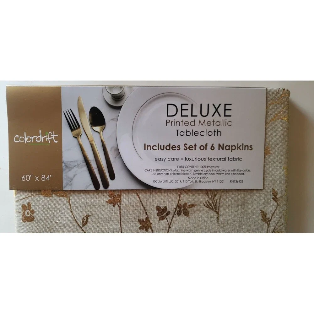 Colordrift Deluxe Gold Metallic Leaf Floral Tablecloth & 6 Napkins Set NWT